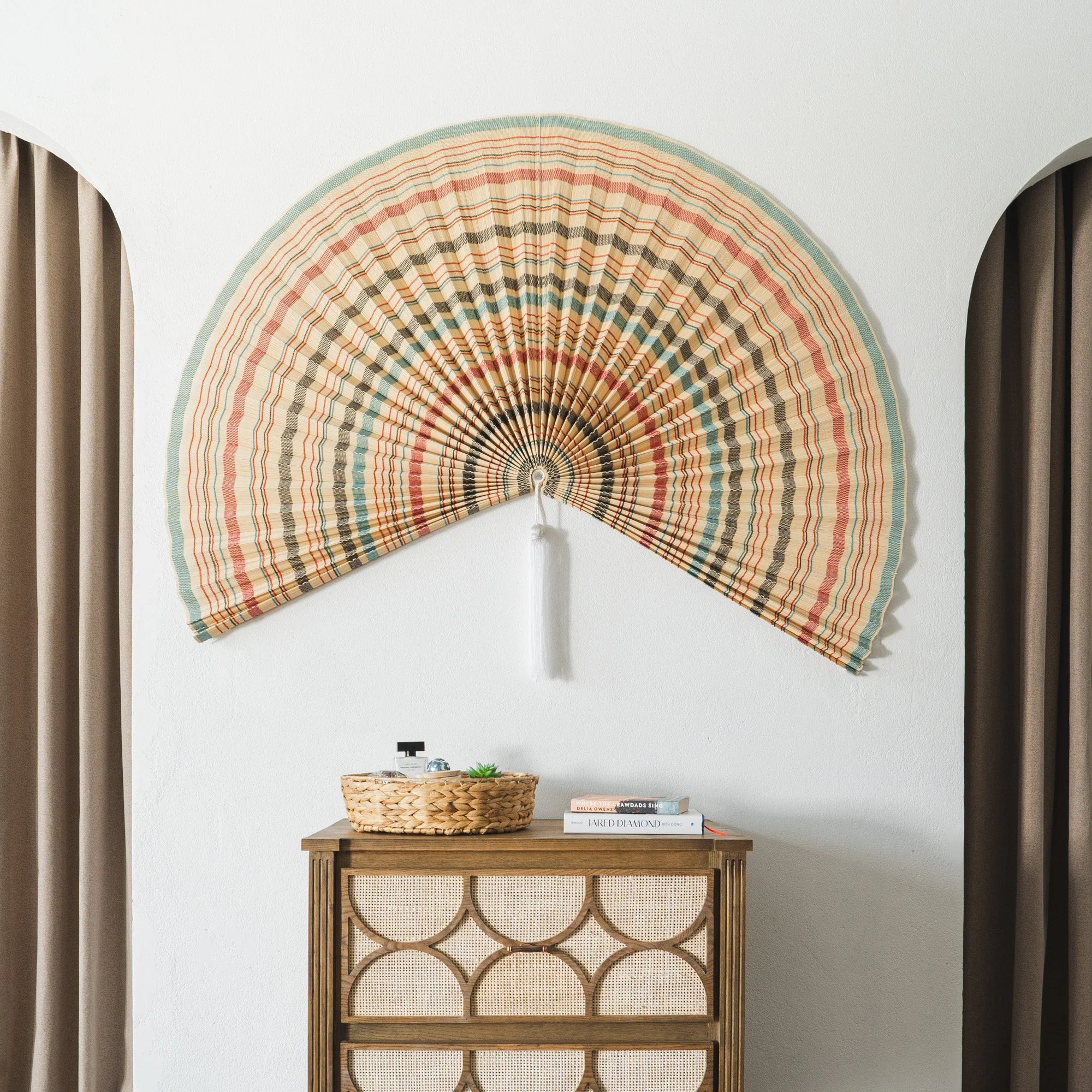 Vintage Stripe Bamboo Folding Fan Wall Decor - Image 4
