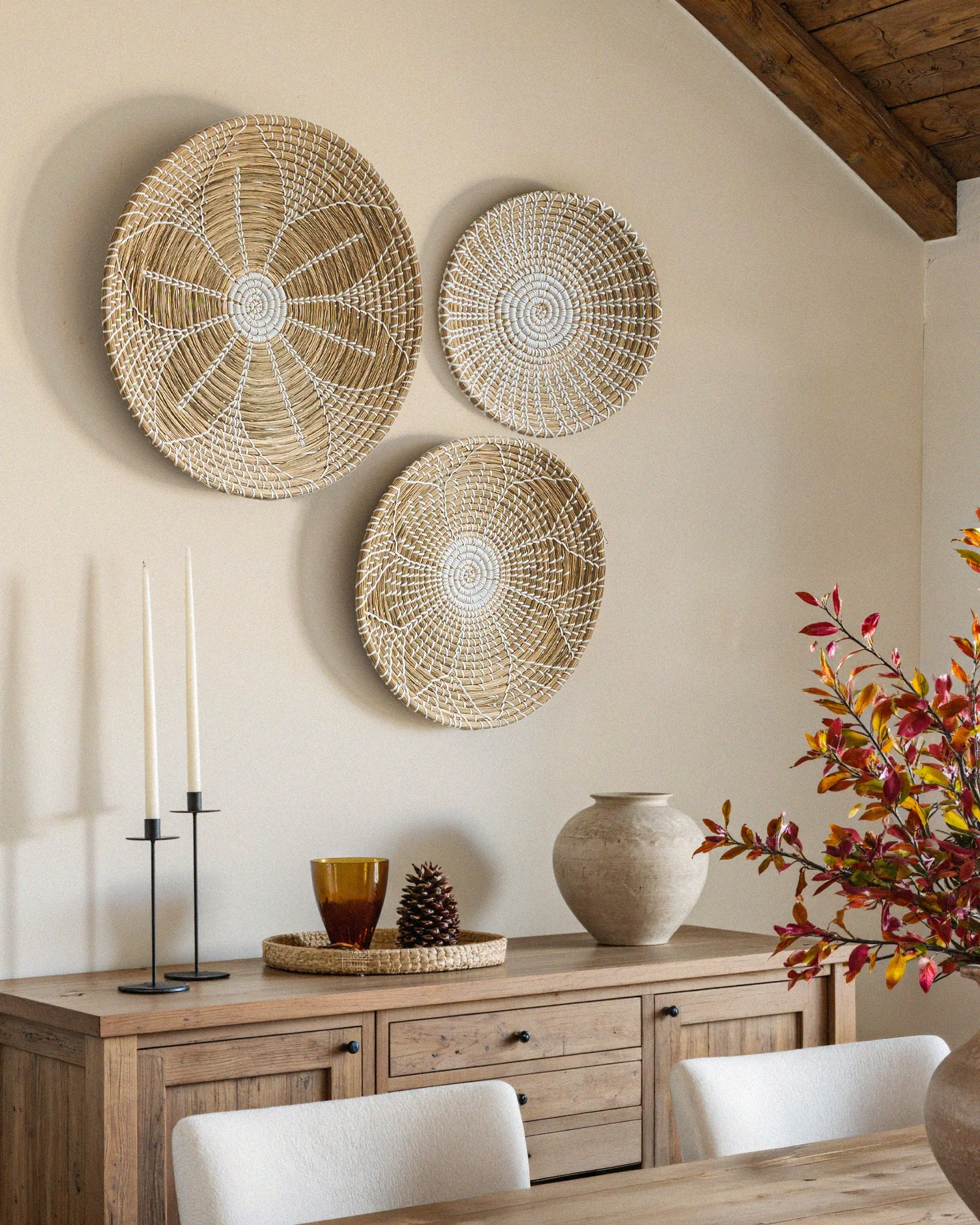 Floral Round Woven Seagrass Wall Baskets Decor Set of 3 - Image 3