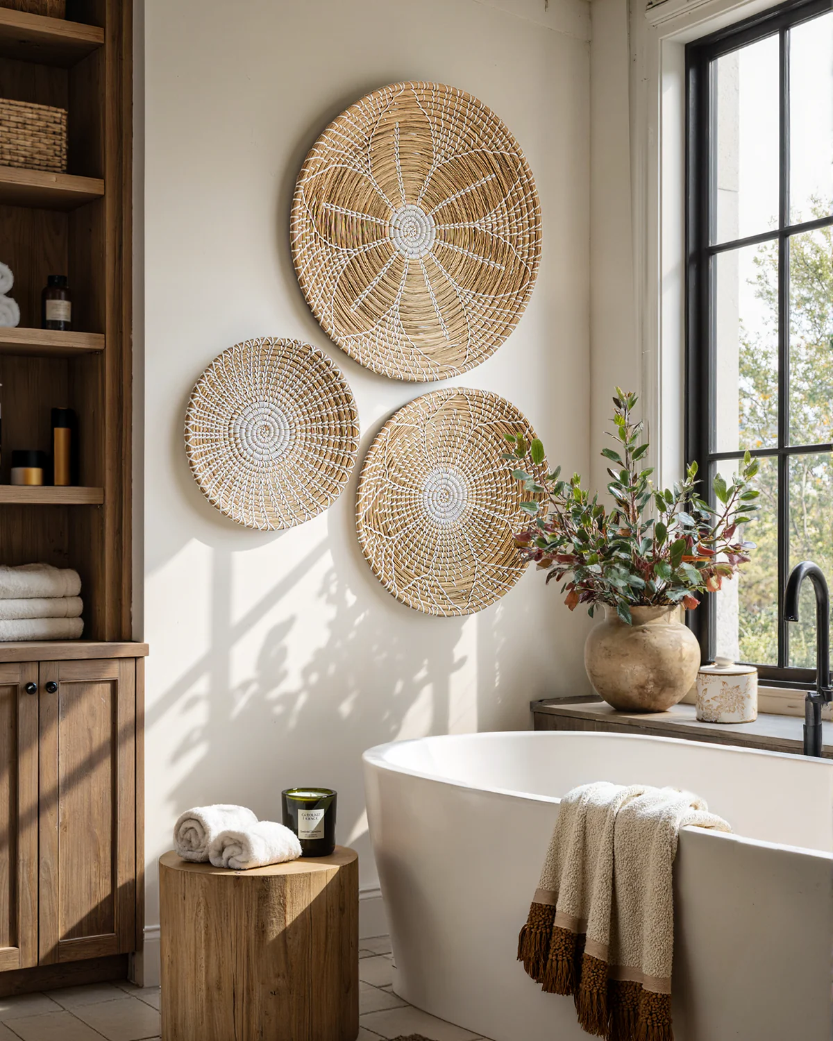 Floral Round Woven Seagrass Wall Baskets Decor Set of 3 - Image 4