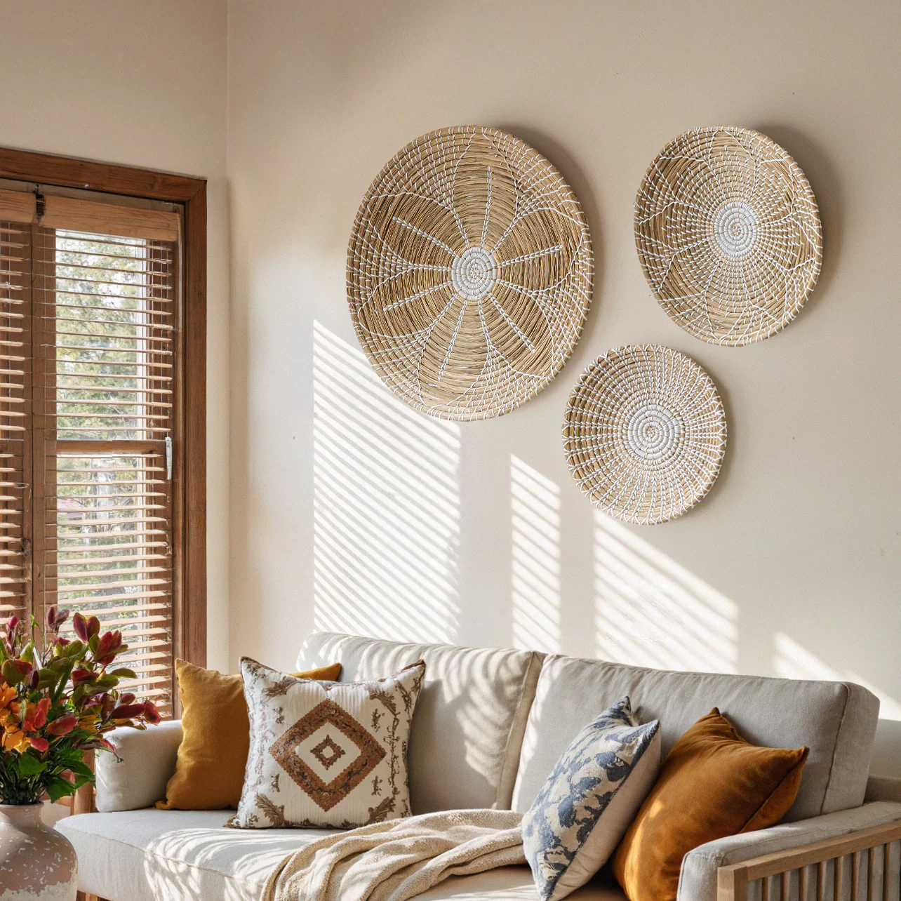 Floral Round Woven Seagrass Wall Baskets Decor Set of 3 - Image 5