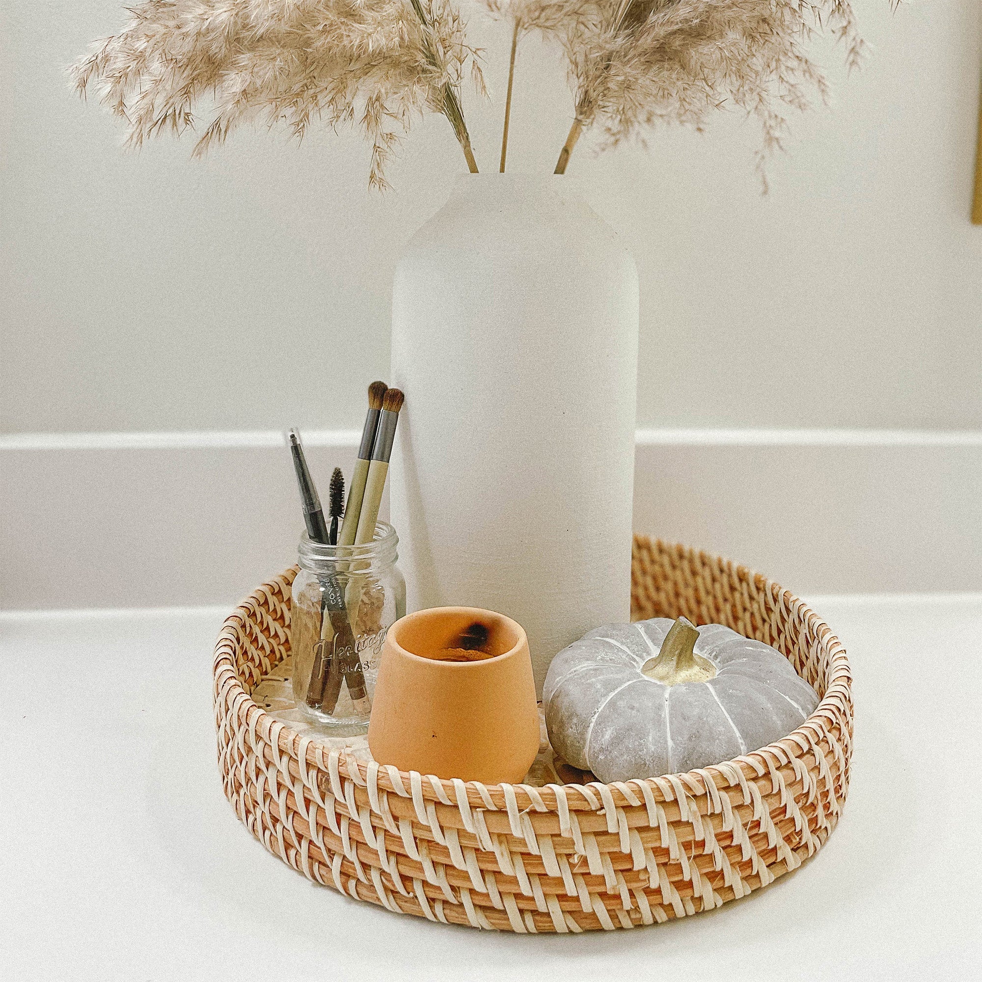 Mother of Pearl Inlay Rattan Wicker Tray Set of 2 - Image 4