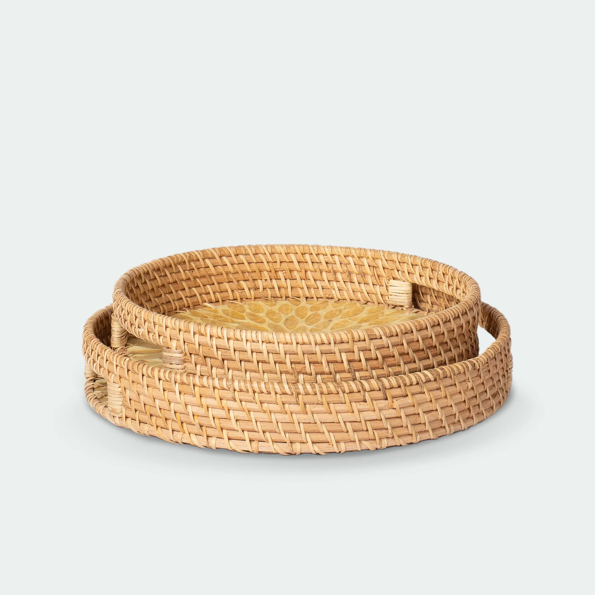 Mother of Pearl Inlay Rattan Wicker Tray Set of 2 - Image 5