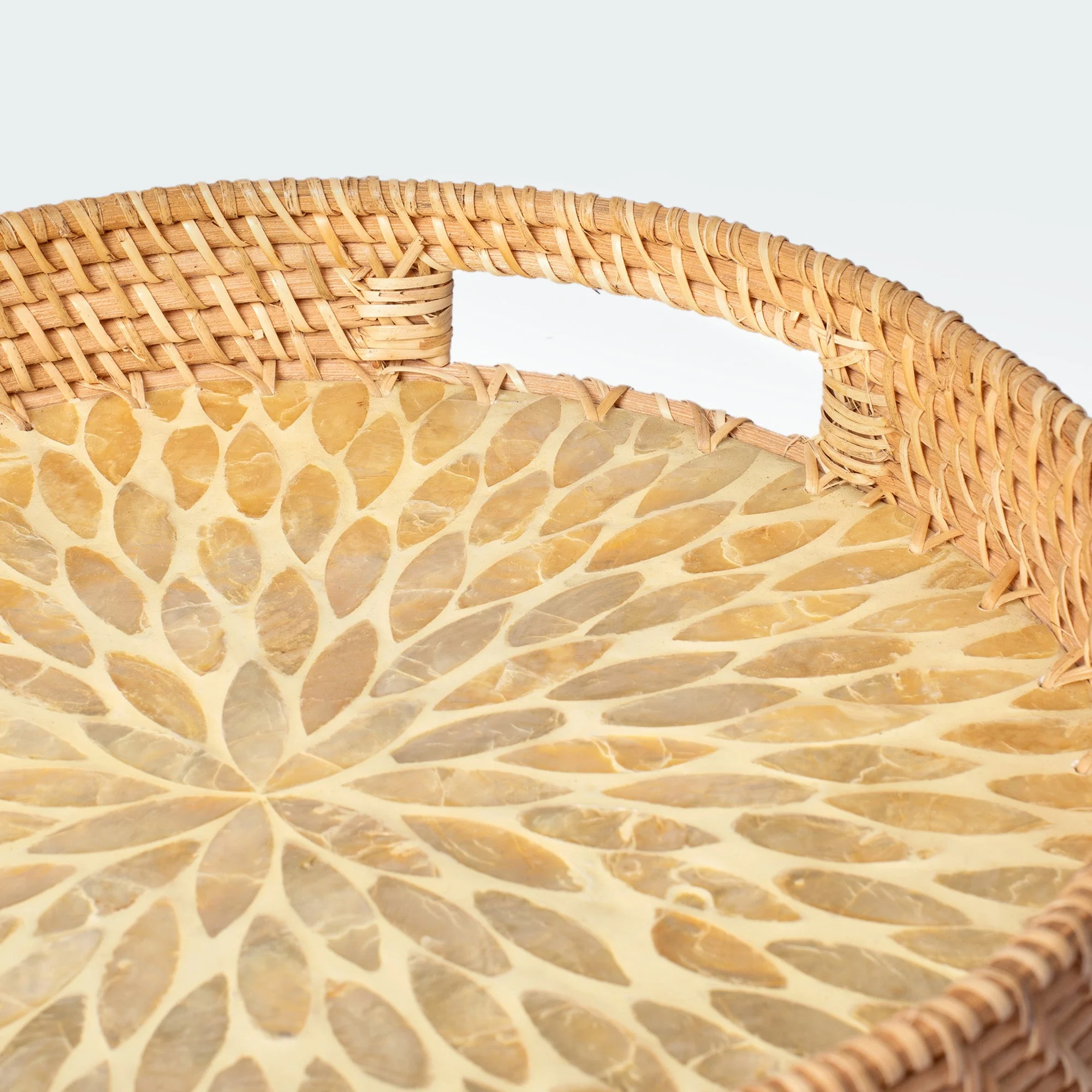 Mother of Pearl Inlay Rattan Wicker Tray Set of 2 - Image 6