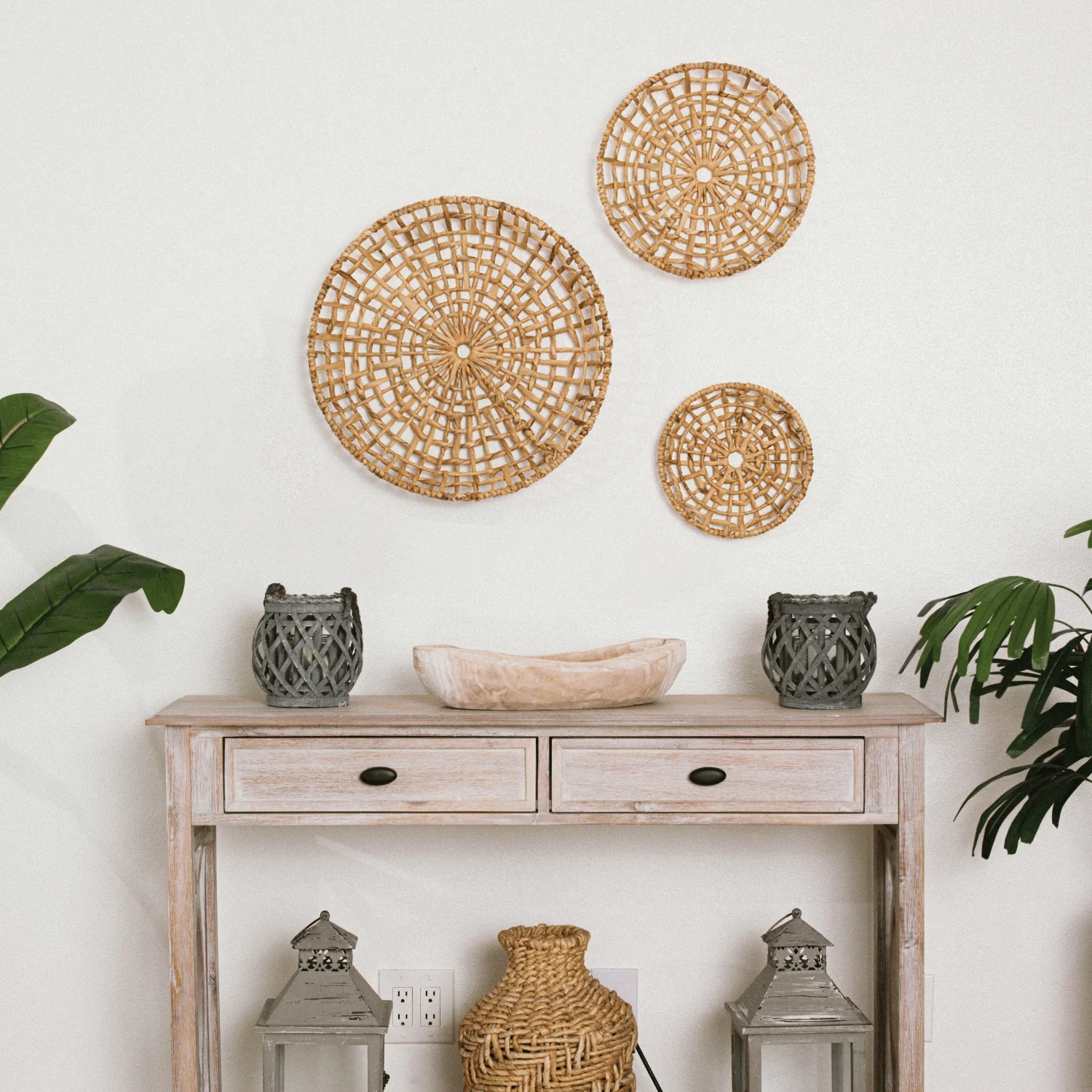 Set of 3 Large Open Weave Water Hyacinth Wall Decor - Image 7