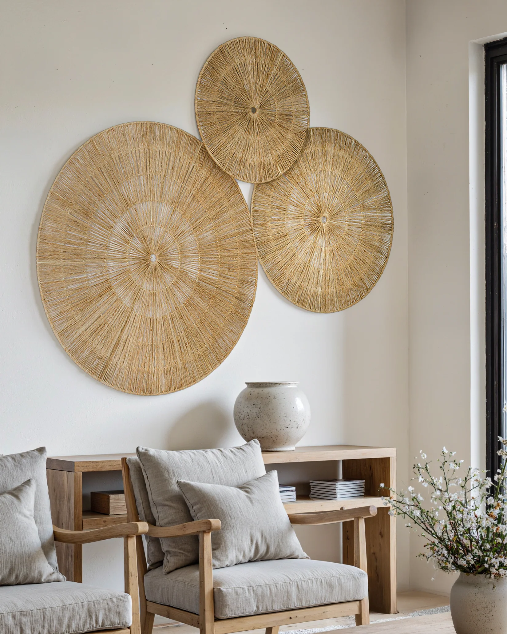 Oversized Woven Wall Art Set of 3 - Natural Jute Circles (31" Largest) - Image 5