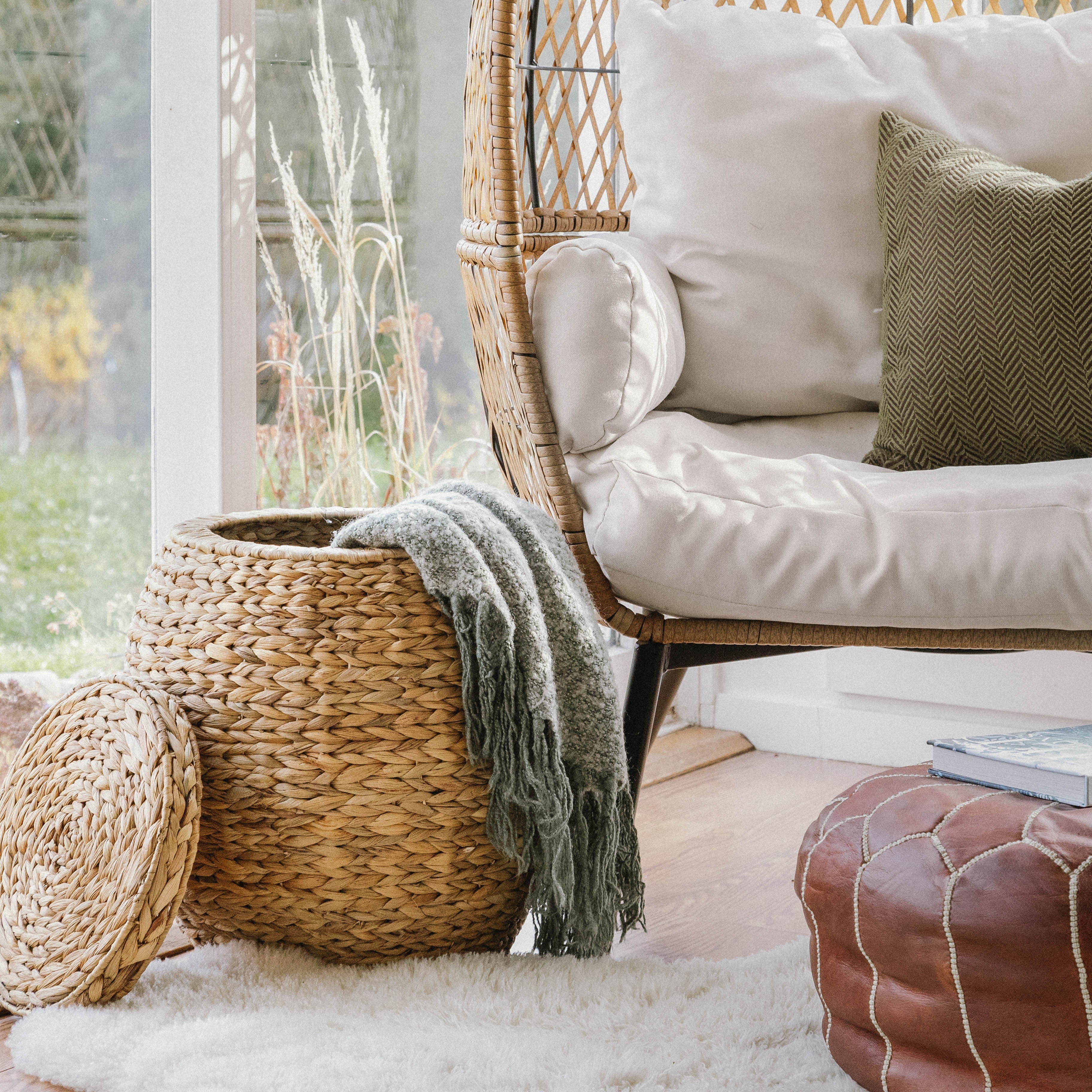 Large Woven Storage Basket with Lid, Stylish Ottoman - Image 3