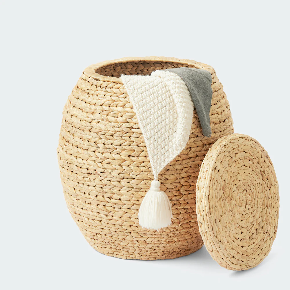 Large Woven Storage Basket with Lid, Stylish Ottoman - Image 4