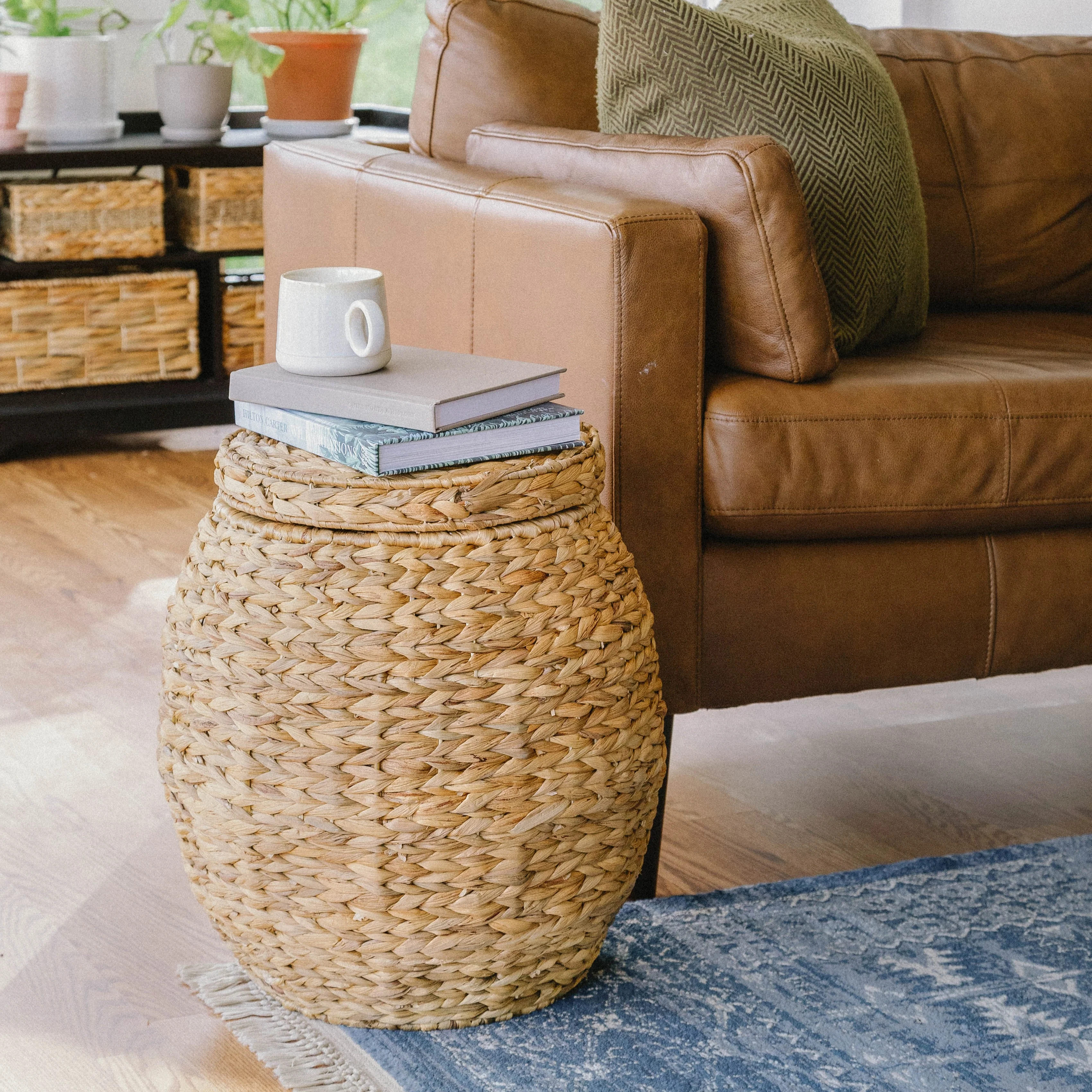 Large Woven Storage Basket with Lid, Stylish Ottoman - Image 7