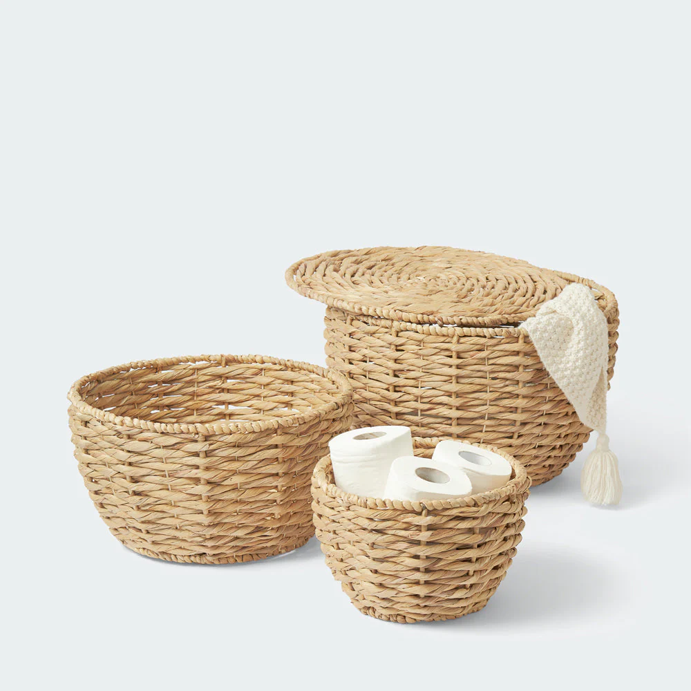 Large Round Water Hyacinth Baskets with Lids, Set of 3 - Image 10